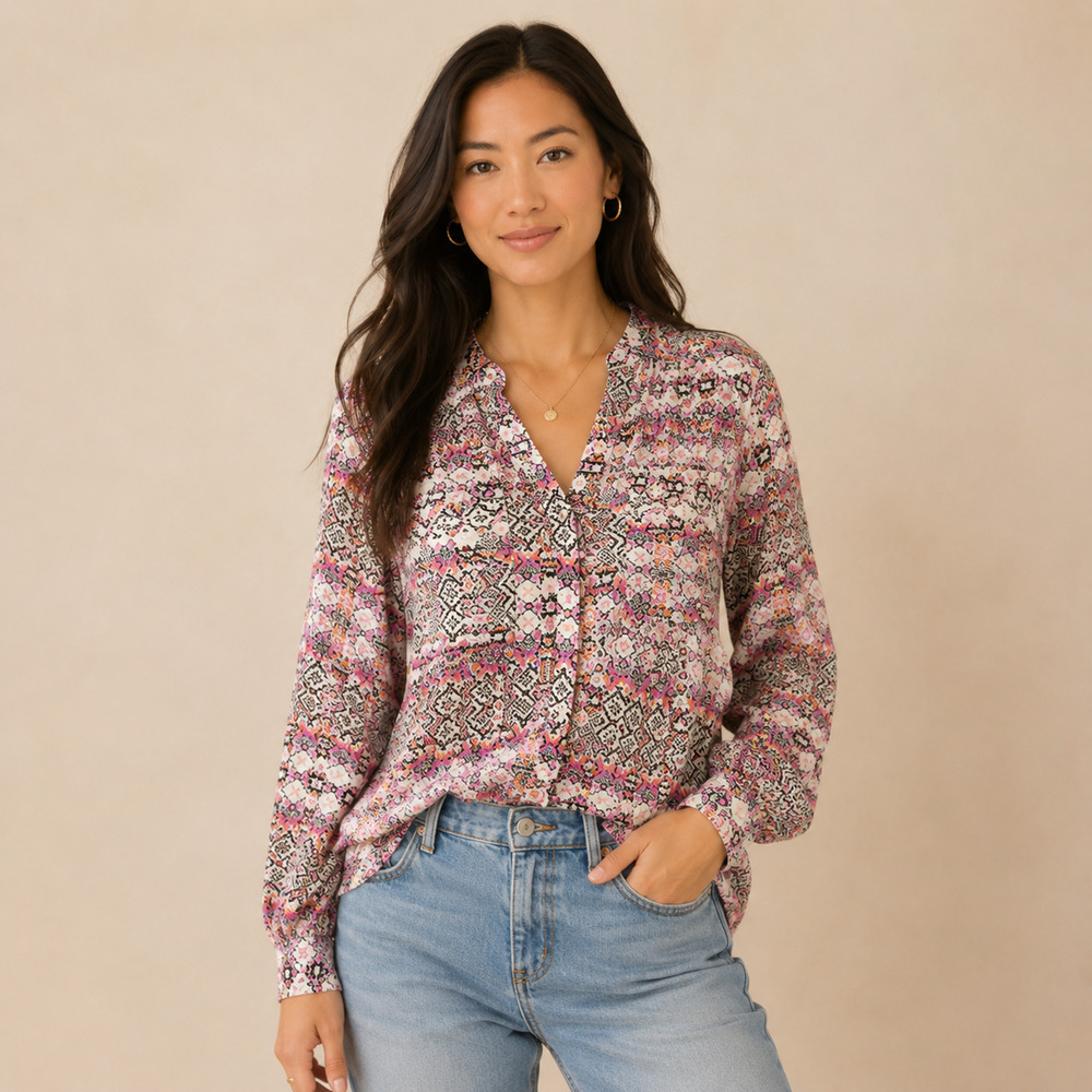 Anthropologie Maeve Islet Geometric Print Roll Tab Button Down Blouse Small